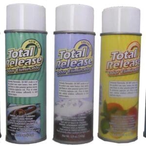 A group of spray cans with different flavors.