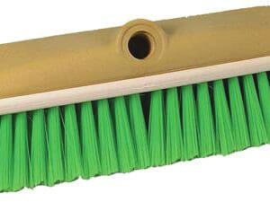 A green and yellow brush with a brown handle
