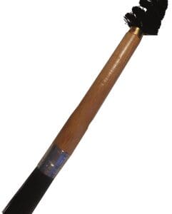 A wooden handle with a black hammer on it.