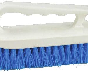 A blue brush with white handle on top of it.