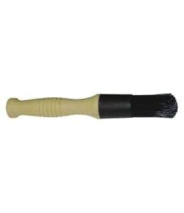 A black and white brush on top of a wooden handle.