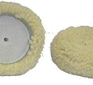 A pair of white wool pads for a car.