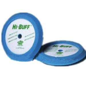 A pair of blue pads with the words hi-buff on them.
