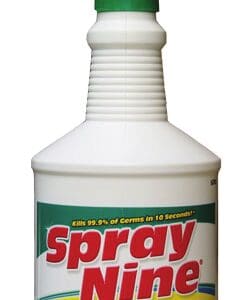 A spray bottle of cleaner is sitting on the floor.