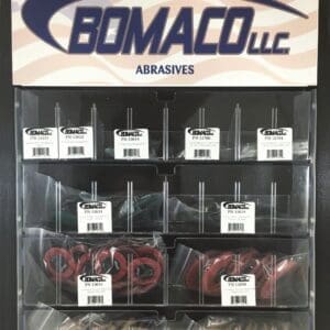 A display case with many different types of abrasives.