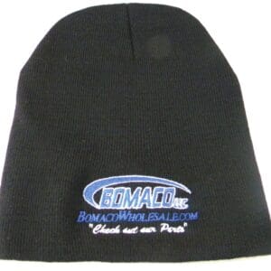 A black beanie with the company logo on it.