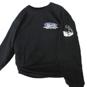A black sweatshirt with a patch on the front.