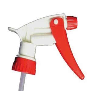 A red and white spray nozzle on a stick.