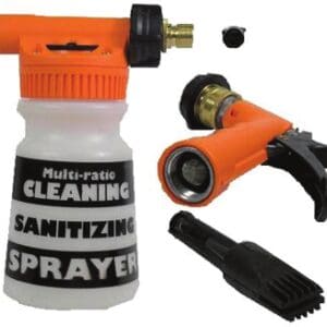 A spray bottle with a cleaning and sanitizing sprayer attached.