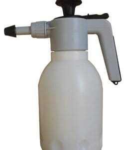 A white spray bottle with a black handle.