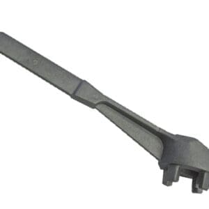 A wrench is shown with the handle bent.