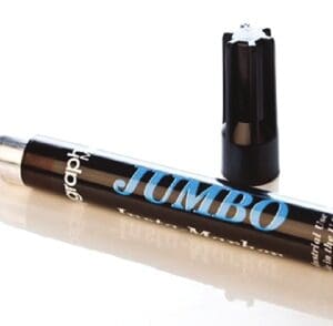 A jumbo pencil with a black barrel and blue lettering.
