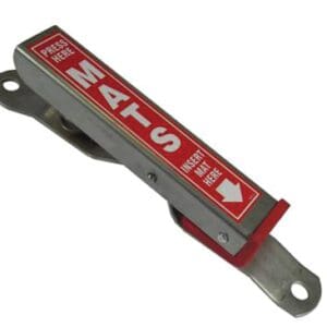 A red and silver metal bar with the word " mats " written on it.