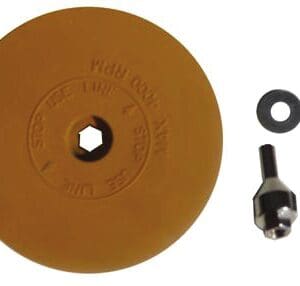 A tan disc with a nut and washer next to it