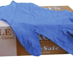 A box of gloves with blue sleeves on top