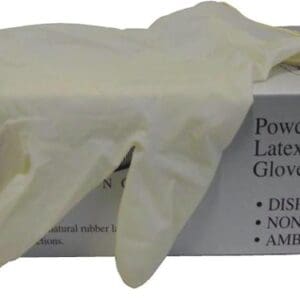 A box of latex gloves with white paper on top.