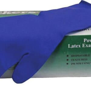 A box of blue powder free latex gloves.