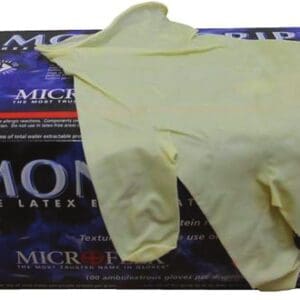 A box of microwipe gloves with the packaging folded up.