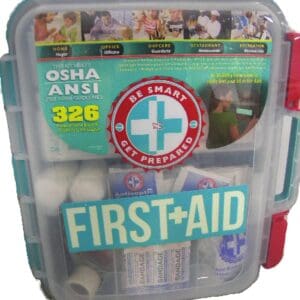 A first aid kit with many different items in it.