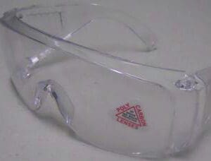 A pair of clear glasses with a red triangle on the side.