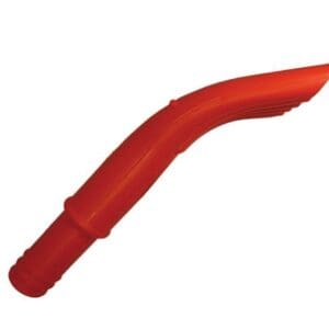 A red plastic object is bent to make it look like a boomerang.