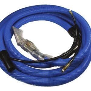A blue hose with black and white wires attached to it.
